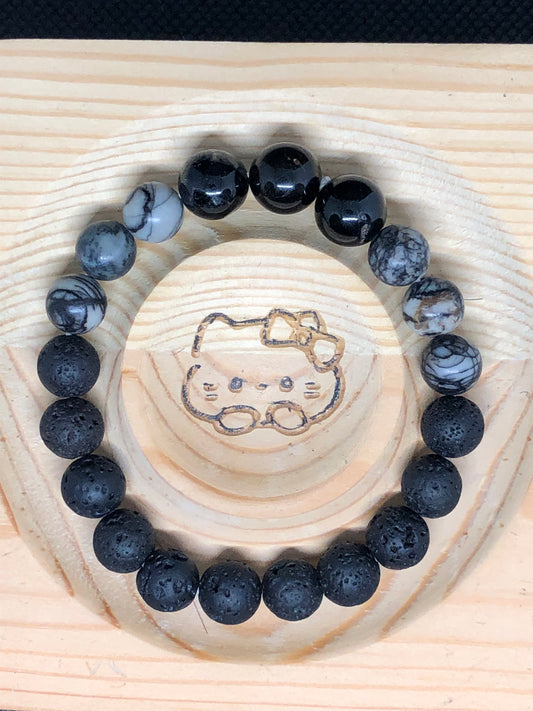 Bracelet Jaspe Picasso, Tourmaline et bille de lave