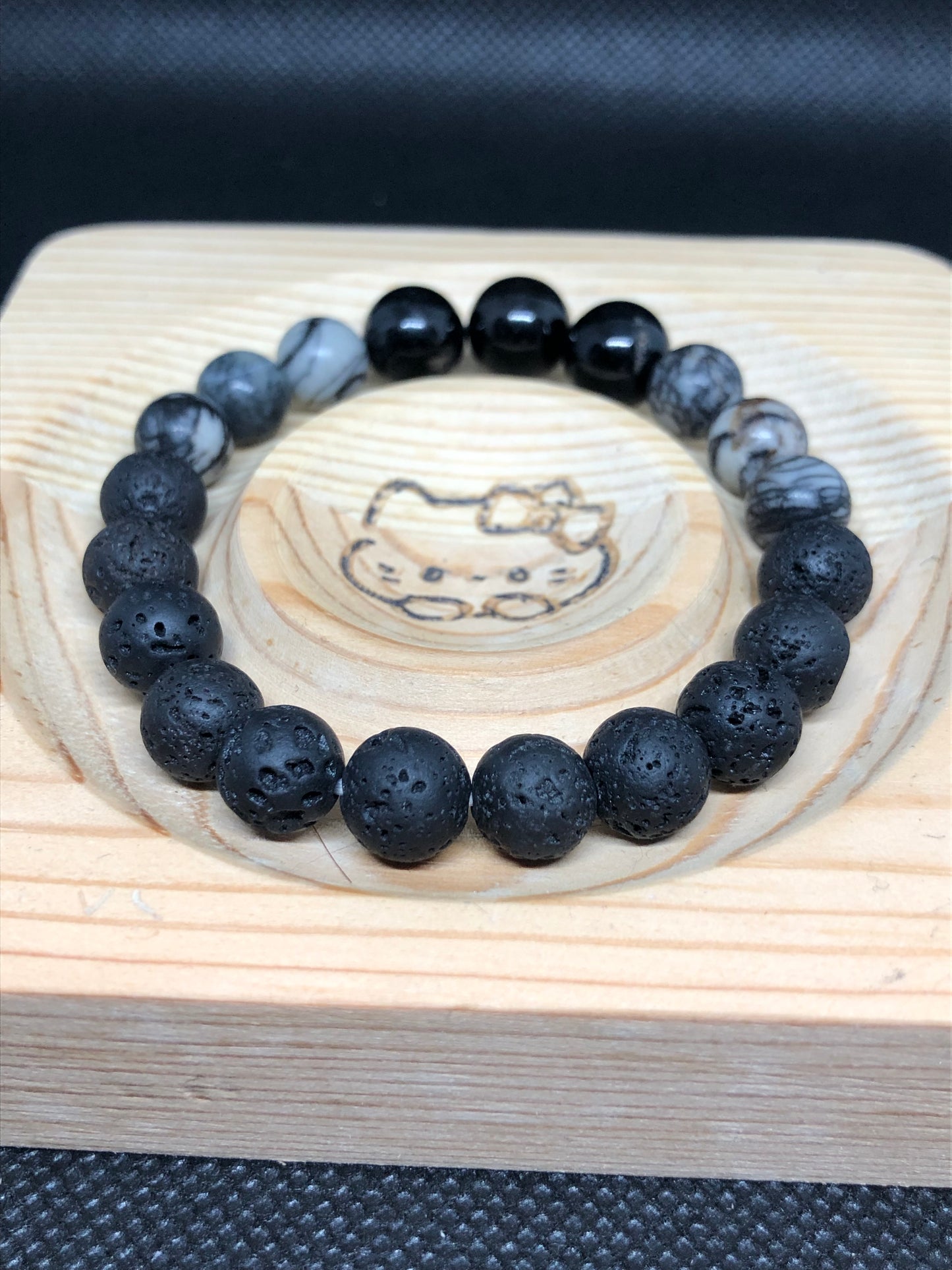 Bracelet Jaspe Picasso, Tourmaline et bille de lave