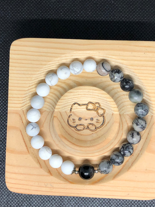 Bracelet Jaspe Picasso et Howlite serti d'une Tourmaline